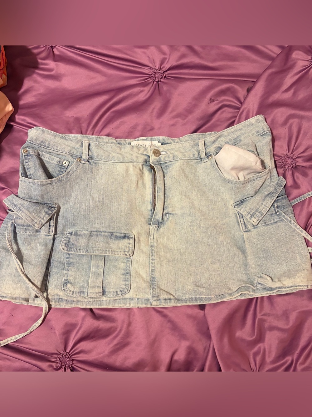 Light Wash Denim Cargo Mini Skirt - Casual Utility Style